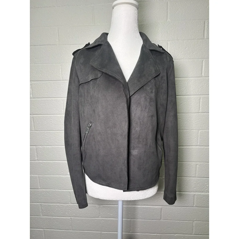 TAHARI Faux Leather Suede Jacket Women's‎ Small Grey Long Sleeve Coat Open